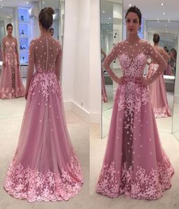 Pink Detachable Train Mermaid Evening Dresses Scoop Neck Full Sleeve With Appliques Flower Illusion Tulle Prom Gowns3532515