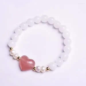 Strand White Chalcedony Natural Crystal Bracelets 8mm Round Beads With Strawberry Heart For Women Jewelry