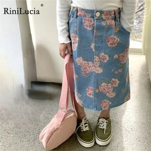 Sommermädchen Rock Denim Kinder Kleidung für Mädchen eine Linie Blumendrucktasche Lange Röcke süße Kinder Kleidungc01 240419