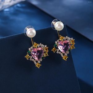 Dangle Earrings Pretty Pink Green CZ Cubic Zirconia Pearl Love Heart For Women Party Bridal Wedding Jewelry Accessories CE12108