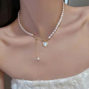 Korean Pearl Chain Choker Necklace for Women Girls 2023 Trend Jewel Heart Tassel Pendant Bridal Engagement Present 240429