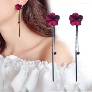 Stud Earrings Vintage Red Rose Flower Tassel For Women Temperament Long Hanging Pendant Dangle Korean Style Jewelry Brincos