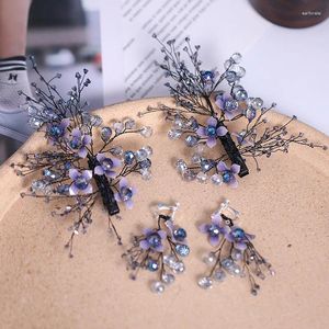 Hårklämmor lila kristallblomma för kvinnor brudhuvudbonad hårnålar bröllop huvudtillbehör sagan med örhängen set