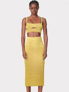 Work Dresses Trendyol Women Summer Outfits Gold Bronzing Bandage Camisole Crop Top And High Waist Long Skirt Two Piece Sets Street Party