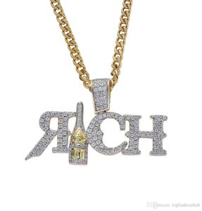 Hip Hop NEU NEU RICH ABSCHLUSS PENCENDANHANGSKLABE LAB DIAMOND GOLD GOLD CORBE Persönlichkeit Anhänger Kupfer Metallkette ICED OUT9917258