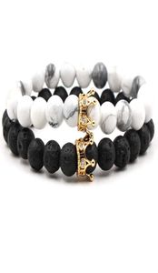 Nya svarta vita stenpärlor med guld Silver Color Crown Charm Armband för kvinnliga män Bangles smycken Pulsera Drop6781924