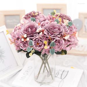 Dekoracyjne kwiaty Docidaci sztuczny kwiat Retro Silk Rose Buquet Hortangea Peony Vintage Bride Fake Plant Home Dekoracja ślubna