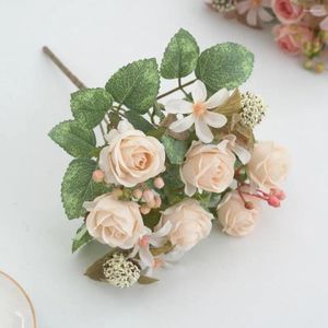 Fiori decorativi Fiore di rosa artificiale Elegante ramo con gambo per decorazioni per feste di nozze a casa 6 head faux seta interno