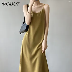 Casual Dresses Vodof Woman Dress Satin ärmlös Spaghetti Strap Party Black Long Wedding Silk Green 2024 Summer