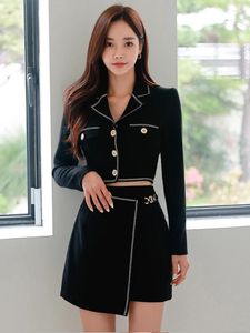 Arbeitskleider Fashion Lady Black Formal elegantes Büro sexy 2 Stück Outfit Anzüge Frauen geschnittene Tops Mantel Blazeranzug und Minirock kurz
