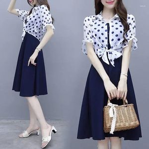 Vestidos de trabalho Summer Polca casual Dots Amarelo Casaco Amarelo Button Elegante Mulheres Midi Strap Dress 2 Peças Sets Feminino Plus Size Lady Suit H137