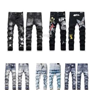 Mäns jeans designer mens lila jeans high street lila jeans för mens broderi byxor kvinnor överdimensionerade rippade lapp hål denim rak mode smal 01tjes