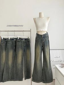 Kadın Kotları 2024 Kadın Harajuku Moda Dantel Up denim alevli pantolonlar gelgit vintage çan dipleri y2k sokak kıyafetleri 2000s estetik Koreli