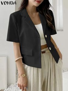 VONDA Elegant Summer OL Style Women Blazer Casual Loose Coats Short Sleeve Lapel Coat Solid Color Buttons Streetwear 240430