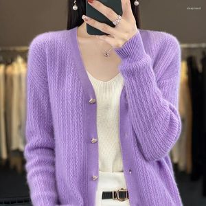 Kvinnors stickor Spring Autumn Wool Korean Style V-krage Knit tröjor Kvinnor Cardigan Fashion Casual Long Sleeve Cashmere Shirt Solid Tops