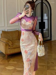 Casual Dresses French Elegant Sexy Prom Dress For Women Sweet See Through Sheer Mesh Print Flower Diamonds Bodycon Slit Robe Party Vestidos