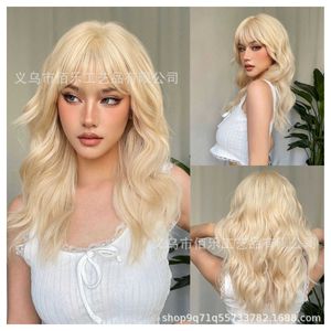Wind New Full Head Set Wig White Gold Straight bangs Wave Long Curly Hair Fiber Wigs