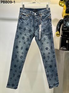 lila märke jeans designer mens byxor trendiga mode jeans full mönster tryck denim jeans byxor knä mager rak motorcykel rak hög kvalitet jeans