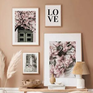 S Boho Civil Landscape Rose Peony Palm Leaf Door Love Citat Wall Art Affischer Bilder för vardagsrum Dekor Canvas Målning Tryck J240510