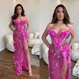 Floral Applique Mermaid Prom Dresses Sexy Strapless Beading Formal Party Dress High Side Slit Evening Gowns Custom Made