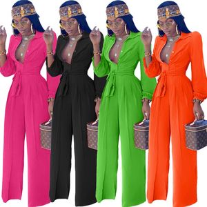 女性用ジャンプスーツロンパース女性ジャンプスーツフルスリーブシャツ襟ベルトオフィスレディボディースーツ全体のロンパー卸売ドロップ254i