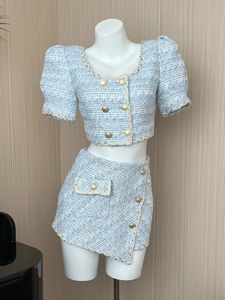 Elegancka elegancka vintage tweed ustawia kobiety stroje puff -rękaw z podwójnym piersi, a asymetryczna mini spódnica dwuczęściowy garnitury 240423
