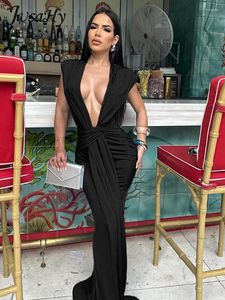 Casual Dresses Jusahy Elegant Solid Maxi Dress Women Classic Ribbons Ruched ärmlös Deep V-Neck Fit Bodycons Female High Street Party