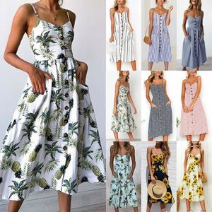 Sundata casual vintage femmina Dreque Beach Dress Midi Button senza schiena a strisce a strisce Summer 2020 Boho Sexy Floral 264y