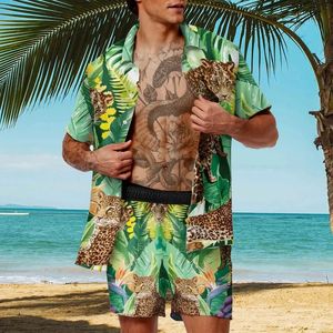 Гавайский кардиган 2PCS Sets Summer 3D Leopard Print Кратков с коротким рукавом рубашка пляж Шорты праздник ежедневный костюм с двумя частями 240426