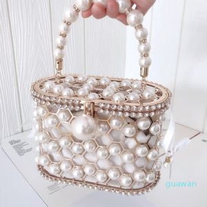 Luxury Pearl Women's Handbag Hollow Out Wedding Clutch Purse Bag Female Rhinestone Metal Cage Basket Shoulder Bag 3107