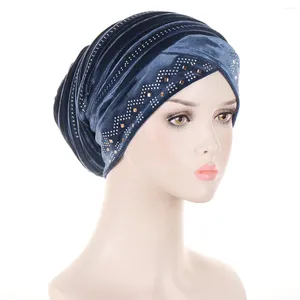 Ethnic Clothing Glitter Diamonds Pleated Turban Caps For Women Soft Velvet Head Wraps Muslim Headscarf Bonnet Female Beanie Pullover Cap