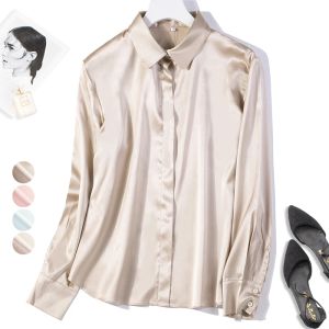 T-shirt feminino 95% Mulbery seda 5% spandax 19mm cetim de seda botão para baixo camisa blusa de colarinho de colarinho de escritório Champenge m l xl jn185