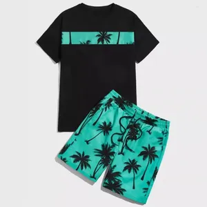 Herren Tracksuits 2pcs/Set Herren Sommer lässig Outfit Kokosbaumdruck T-Shirt Elastic Taille Wide Leg Shorts Set Lose Fit Beach