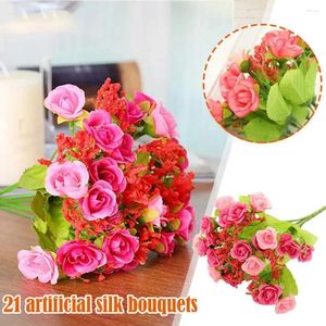 Kwiaty dekoracyjne sztuczna różowa jedwab Mini 21 głów bukiet ślubny stół ślubny dekoracja ogrodowa i9h8