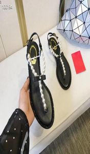 Summer Classic RC Tstrap Bow Flat Shoes Sandaler 2021 Fashion Luxury Designer Flip Flops Women Sandal med pärlor KMJJ0026104522