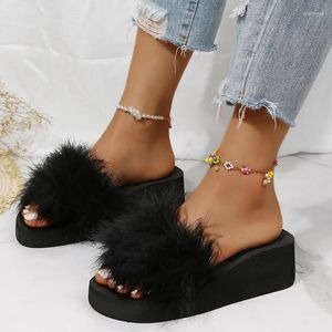 Dress Shoes 2024Women's Low Flock Riband Fabric Hoof Heels Slippers Outside Wear Candy Color Fur Wedge Heel Flip Flop For Home