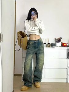 Autumn and Winter Womens Bag Jeans American High Street Wide Legged Womens Jeans Note Brodered Womens Pants 240426