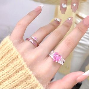 Wedding Rings Sparkling Pink Zircon Love Heart For Women Girls Trendy Sweet Elegant Simple Romantic Bride Jewelry Gifts