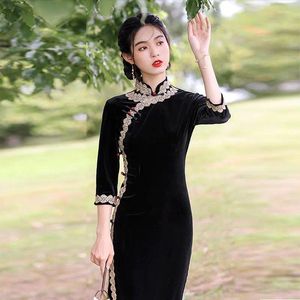 Etnik Giyim Çin tarzı Siyah Velvet Cheongsam Elbise Kadınlar Vintage Zarif Genç Qipao Parti Elbiseleri Kadın Bahar Sonbahar İnce