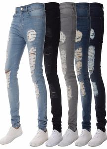 Calça de jeans skinny casual calça de jeans preto sólido Ripped Fit com buraco no joelho para a juventude4157124