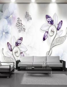 Personalizado Qualquer tamanho 3D Papel de parede Cristal roxo Floral Butterfly Minchas Sofá Sofá TV TV Decoração de parede Mural MuralPape7734896