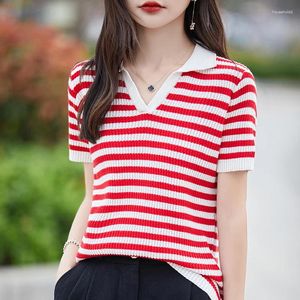 Women's T Shirts Summer Cotton Sweater Short Sleeve Fashionable Knitted Lapel Ladies Tops Loose Blouse Striped Pullover Tees