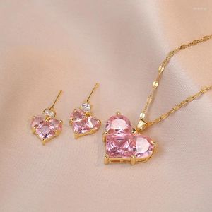 Necklace Earrings Set Pink Stone Shiny Crystal Peach Heart Pendant Jewelry For Women Engagement Wedding Bride Accessory