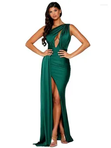 Casual Dresses One Shoulder Sleeveless Hollow Out Stretch Satin Maxi Evening Dress Side Slit With Ribbon Bodycon Backless Party Gown