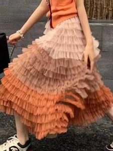 Basic Casual Dresses Fairy Gradient Color Mesh Long Skirt Women High Waist Tiered Tulle Tutu Skirts Party Bohemian Casual Skirt Female Q240430