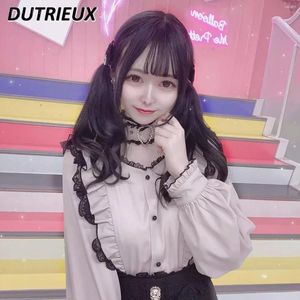 Women's Blouses Japanese Style Ruffled Love Neck Band Bottoming Shirt Women Lolita Sweet Cute Doll Collar Long Sleeve Top Autumn Blusas Tops