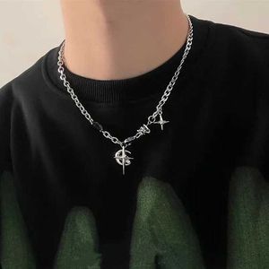 Pendant Necklaces 2024 New Y2K Cuban Figaro Chain Star Moon Pendant Necklace Mens Punk Black Zirconia Chain Necklace Mens Jewelry Gift Q240430