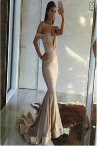 Elegant Champagne Mermaid Prom Dresses Off The Shoulder Pleated CHiffon Long Prom Gowns Simple Cheap Formal EveningGgOWNS9397187