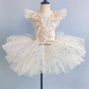 Barn paljetterad balettklänning Performance Clothes Beige Girls Modern Dance Kirts Gymnastic Children Ballet Tutu Dance Clothes 240426