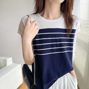 Women's T Shirts T-shirt Summer Cotton Sweater Short Sleeve Striped Knitted Round Neck Ladies Tops Loose Blouse Pullover Tees